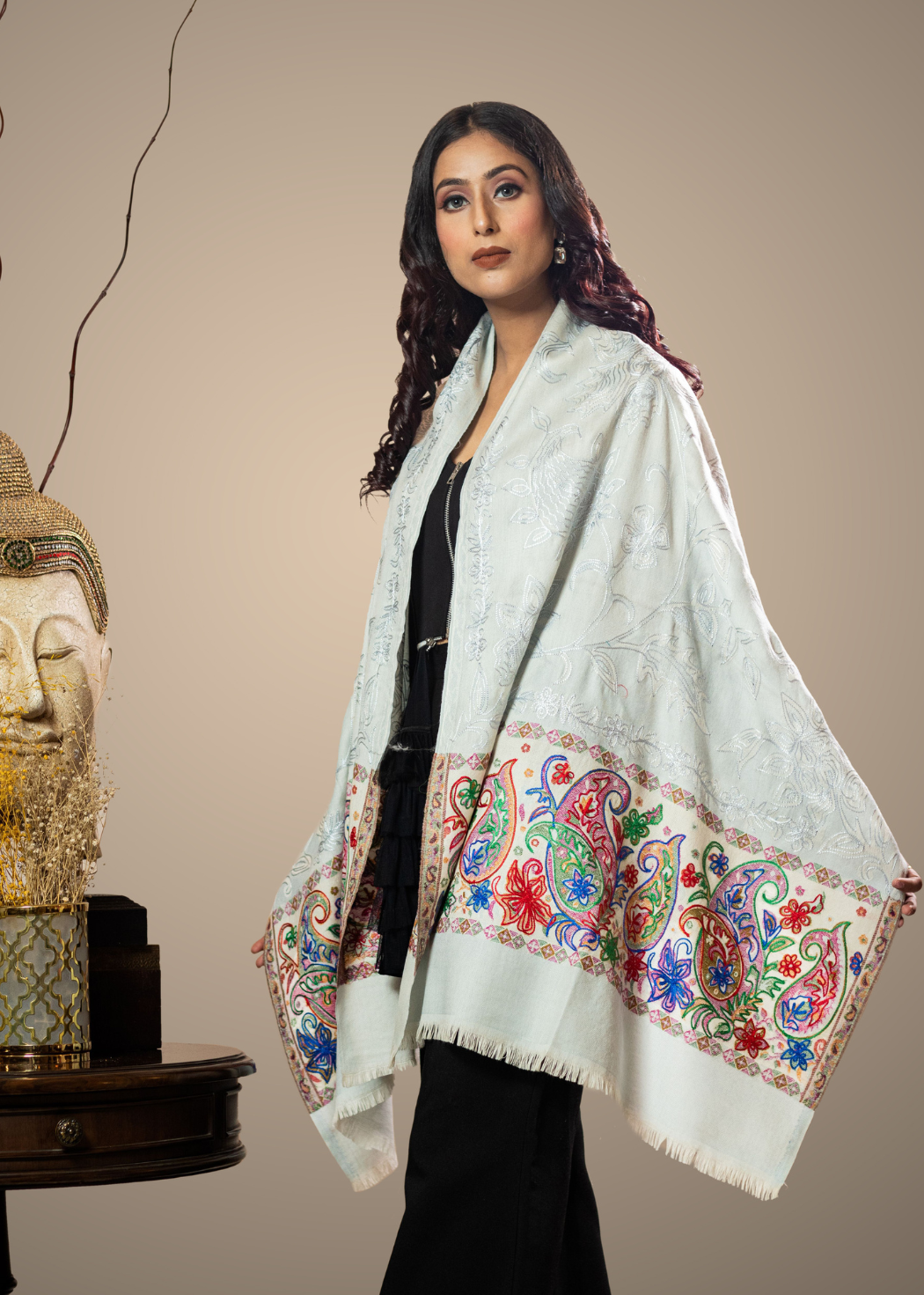 Masudh women's self and colourful embroidery stole in fine wool