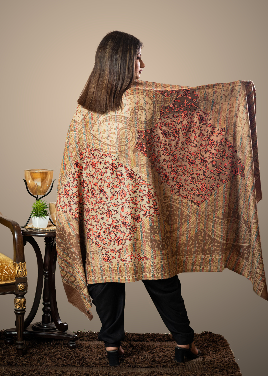 Masudh women's floral embroidery woollen shawl, brown