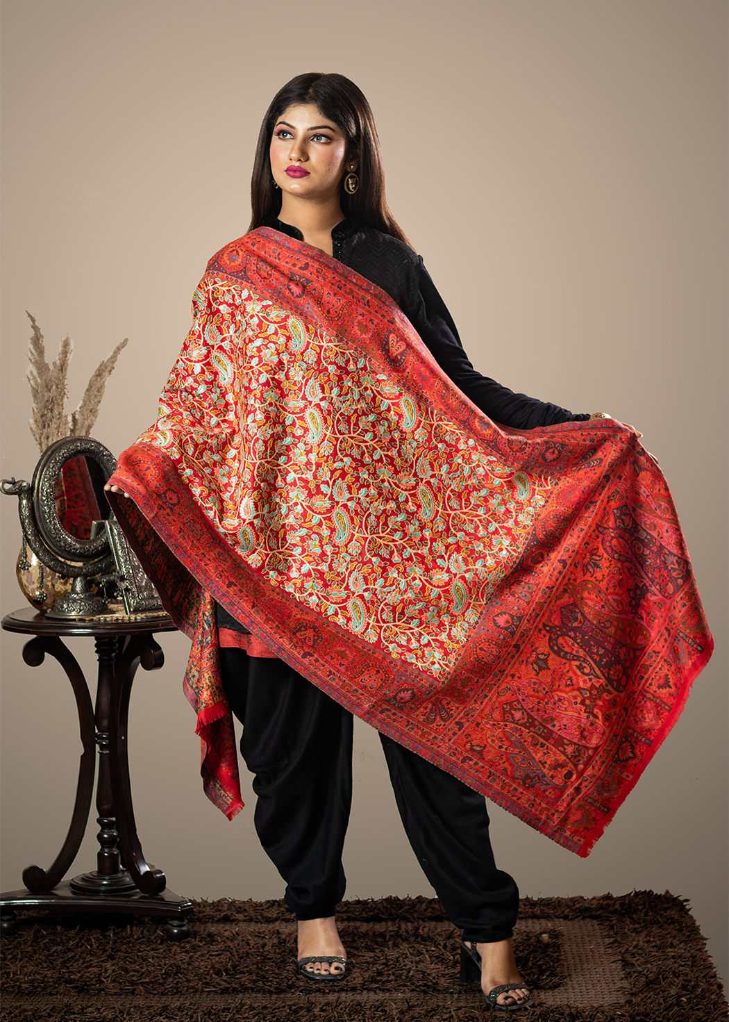 Masudh women's hand embroidery in paisley & floral shawl, red