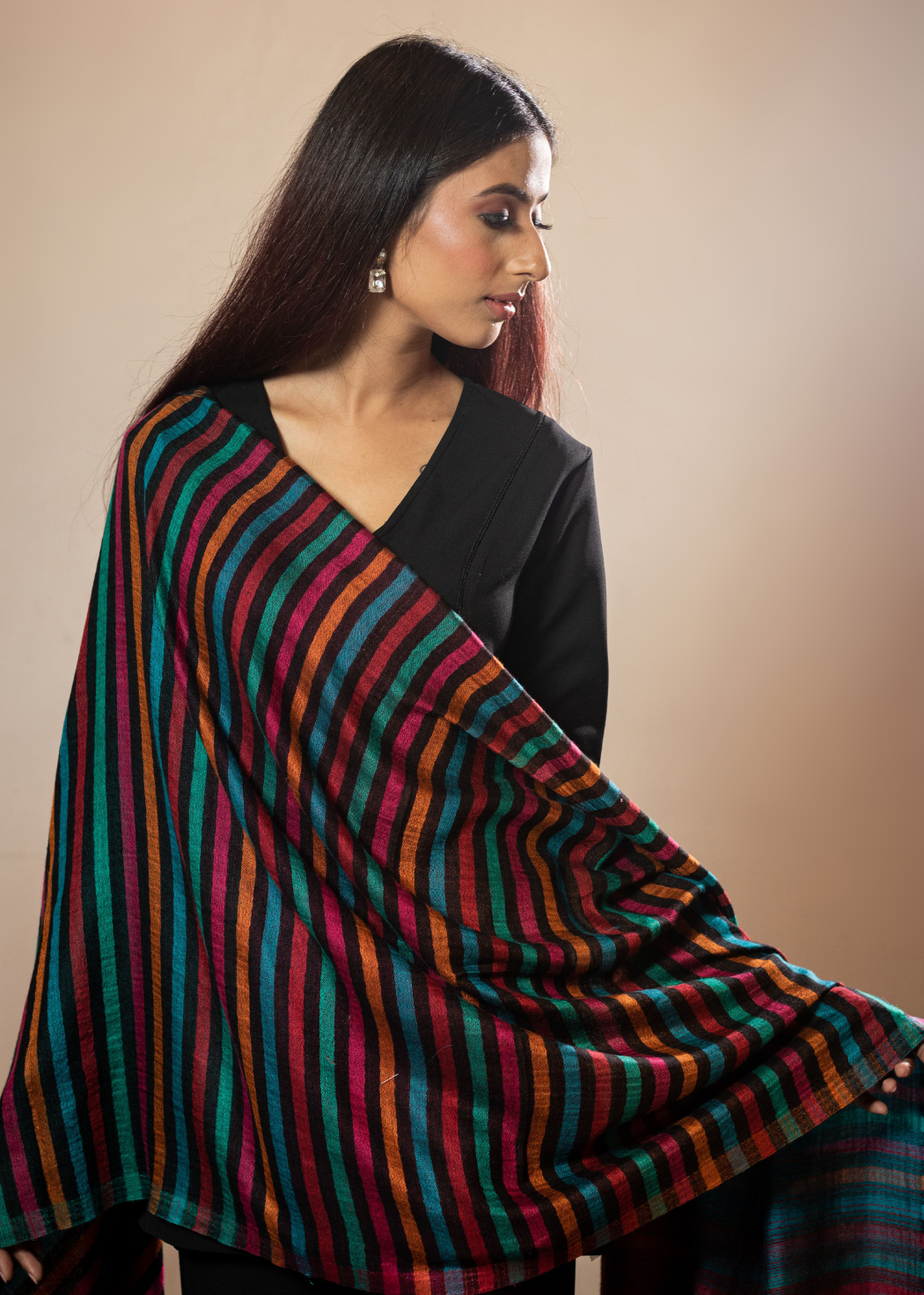 Masudh women's extra fine wool colourful stripes all over stole