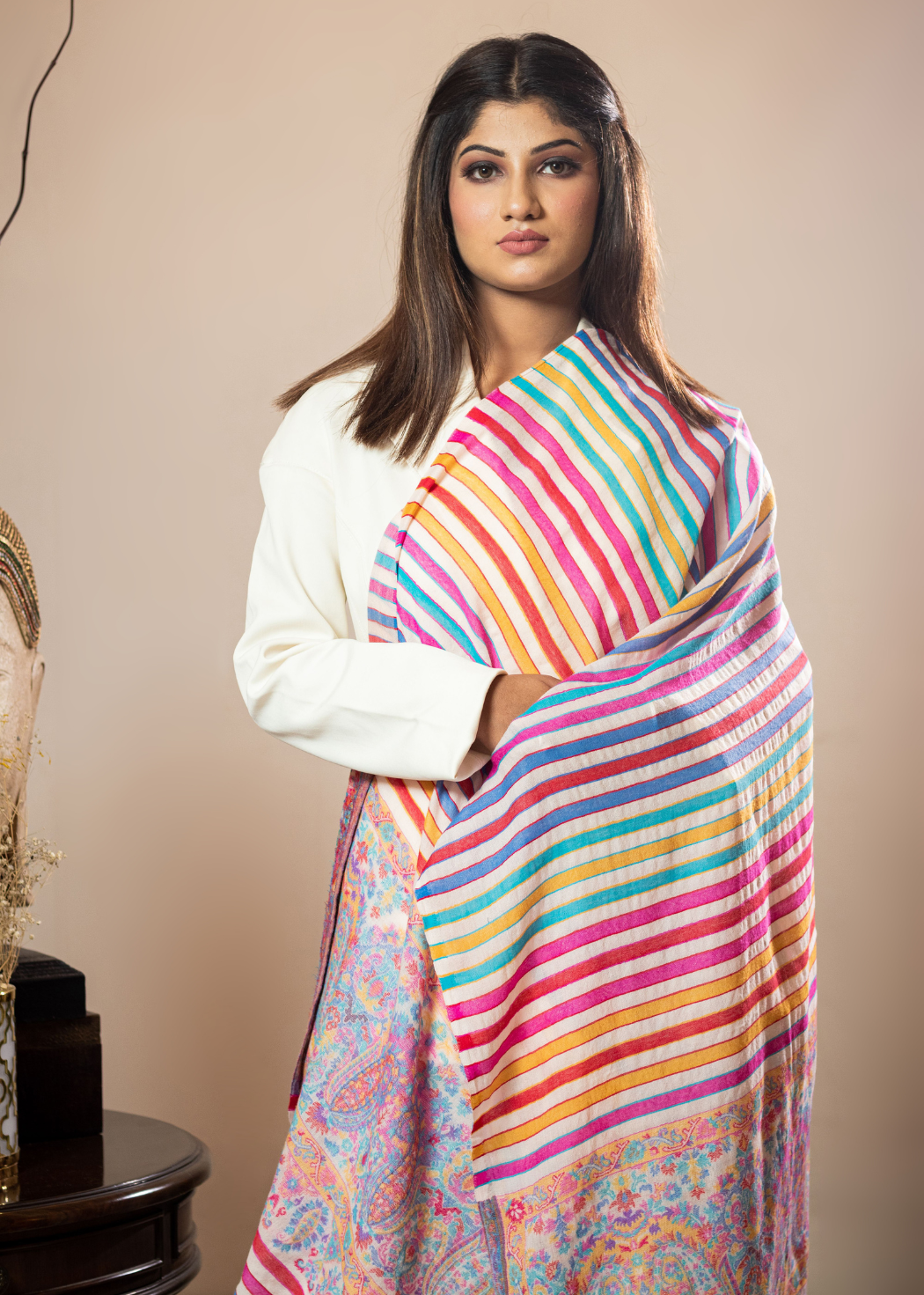 Masudh women's extra fine wool colourful striped stole with designer palla, soft colours