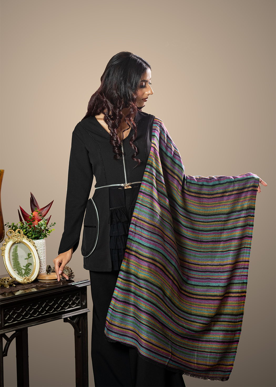 Masudh women's extra fine wool stole with rainbow coloured stripes