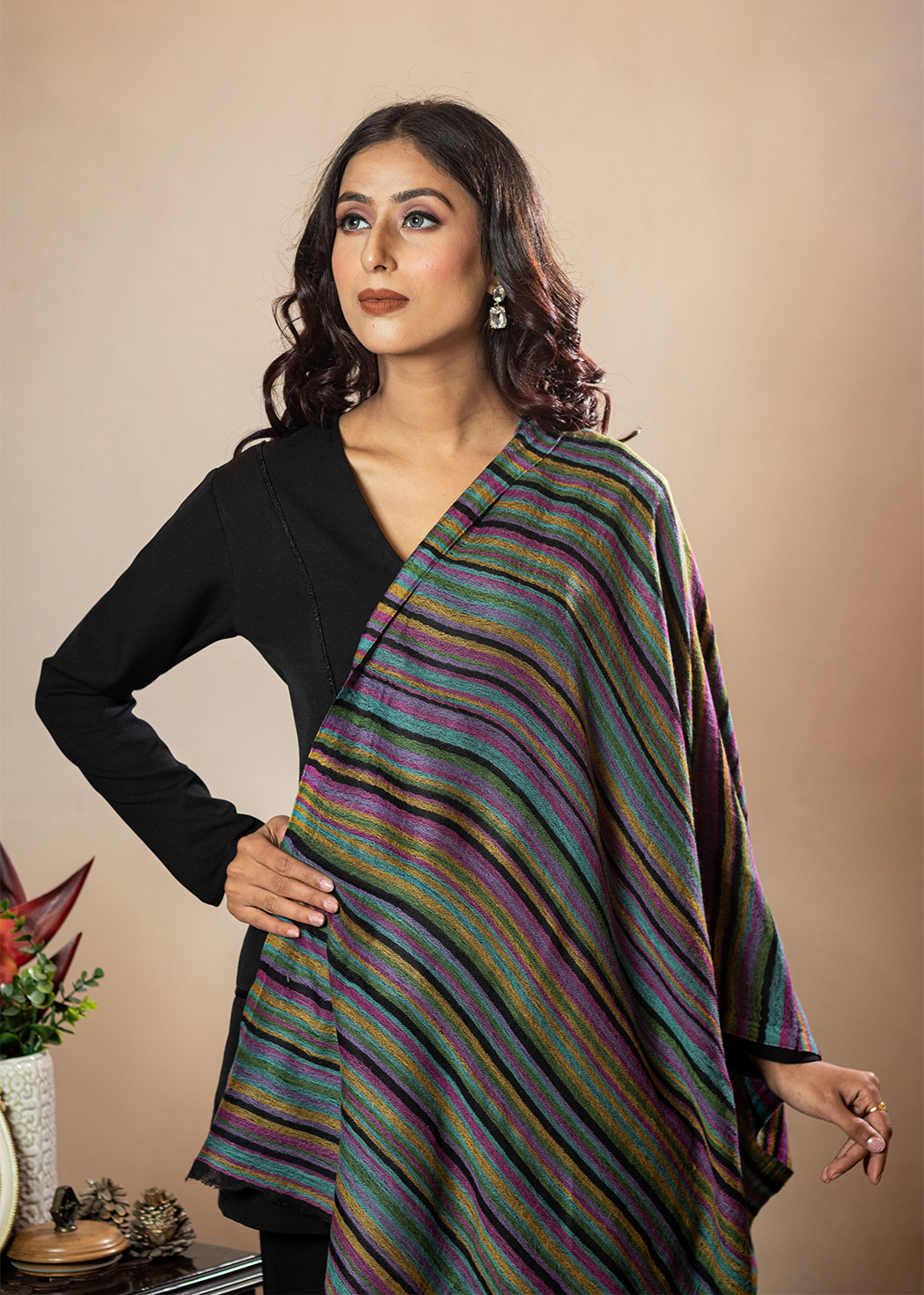 Masudh women's extra fine wool stole with rainbow coloured stripes