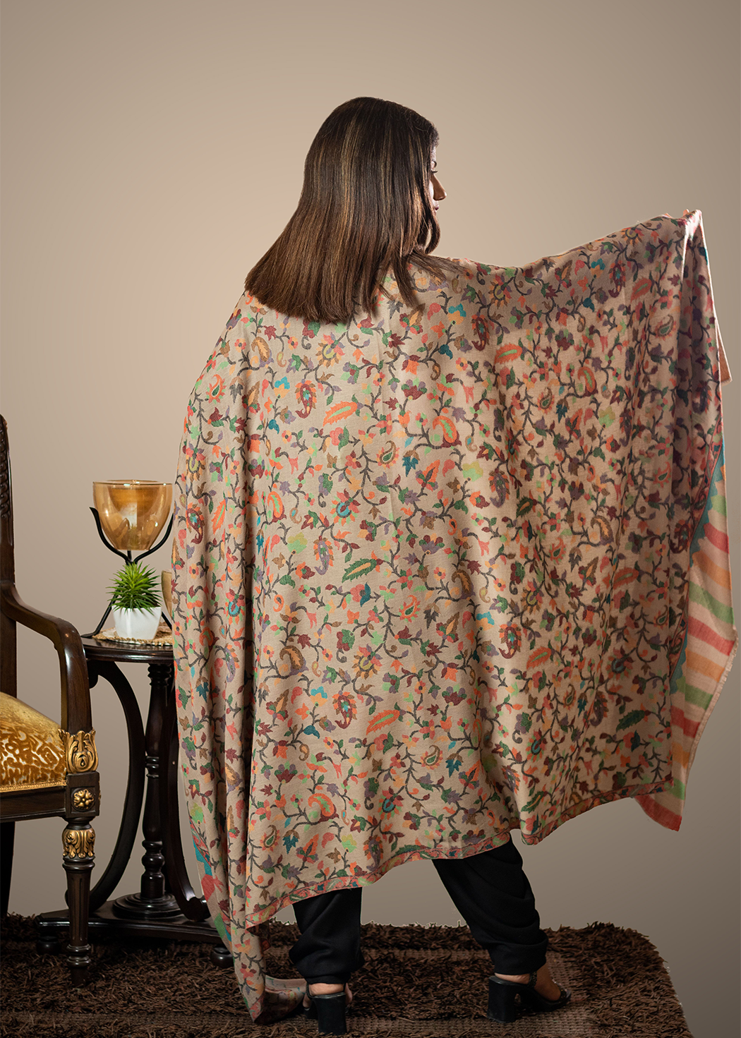 Masudh women's extra fine traditional detailed floral design shawl