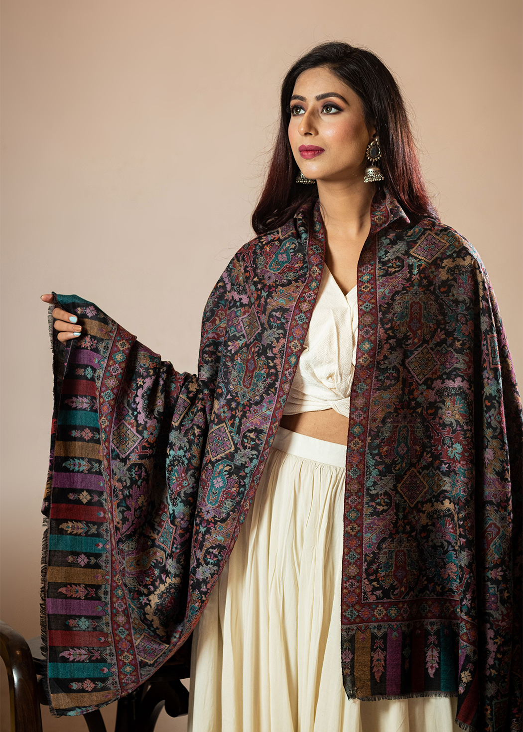 Masudh womens's extra fine wool detailed jaal work shawl