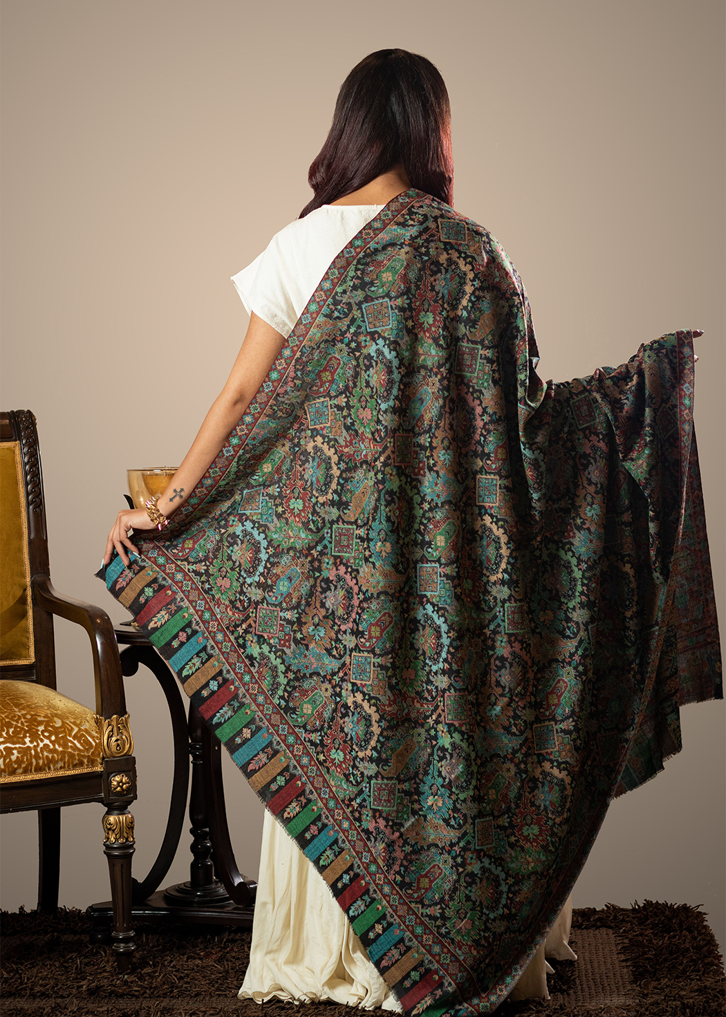 Masudh womens's extra fine wool detailed jaal work shawl