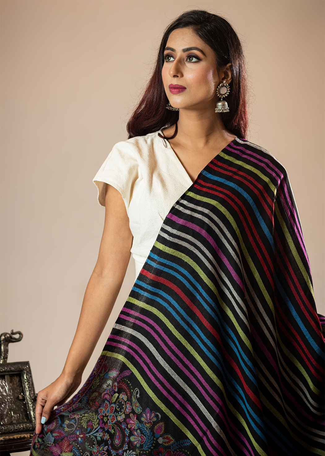 Masudh women's extra fine wool colourful striped stole with designer palla