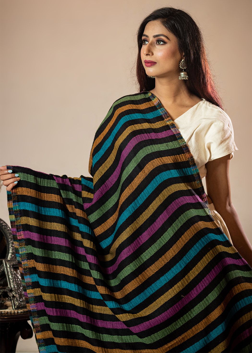 Masudh women's extra fine wool colourful striped shawl