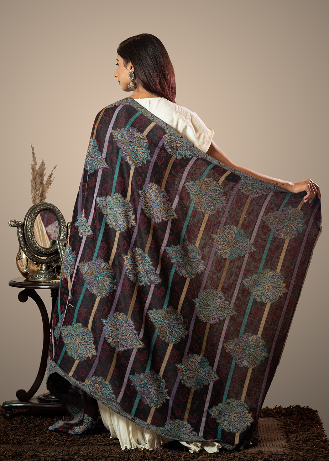 Masudh women's fine wool jamawar shawl in traditional hues