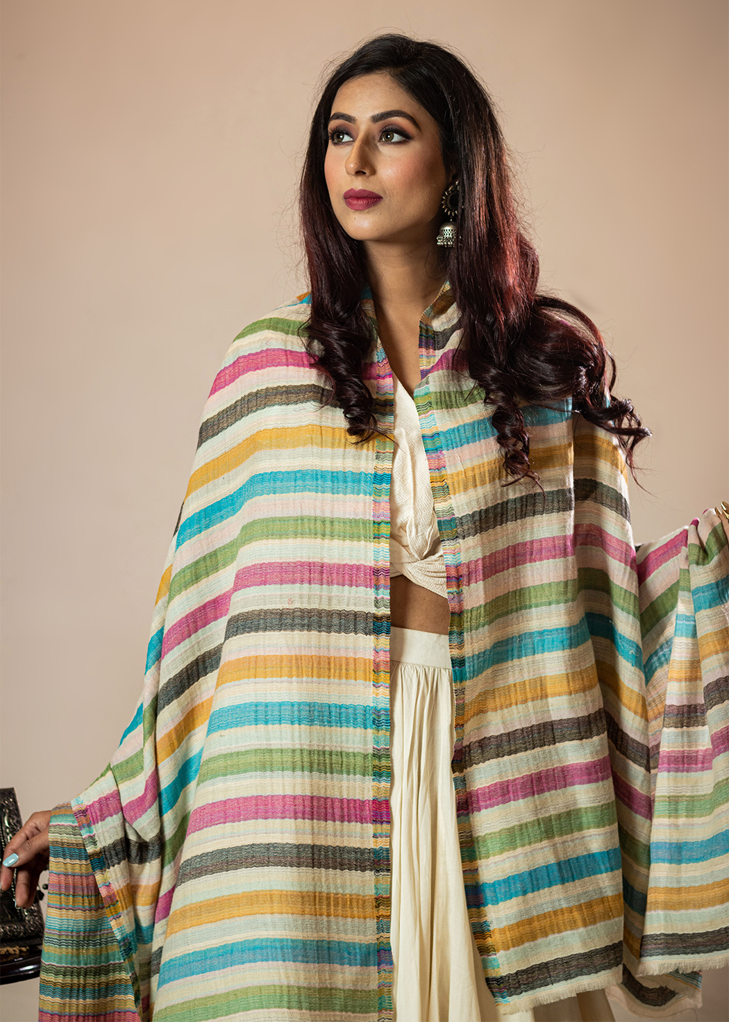 Masudh women's extra fine wool colourful striped shawl