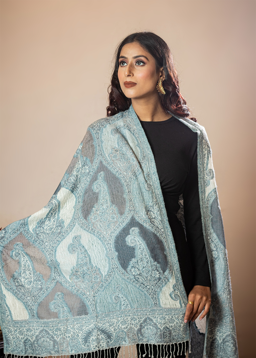 Masudh unisex stole embellished with huge paisley designs, blue tones