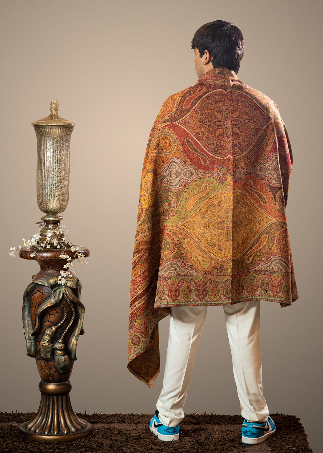 Masudh men's woollen jamawar shawl in traditional hues