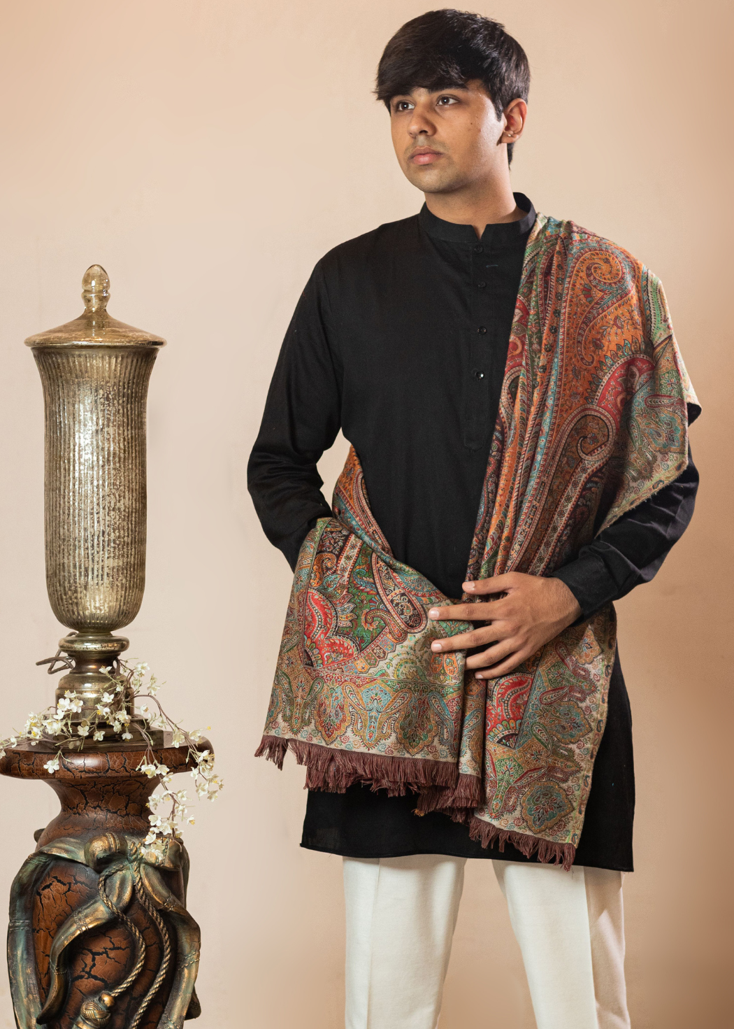 Masudh men's woollen jamawar shawl in traditional hues