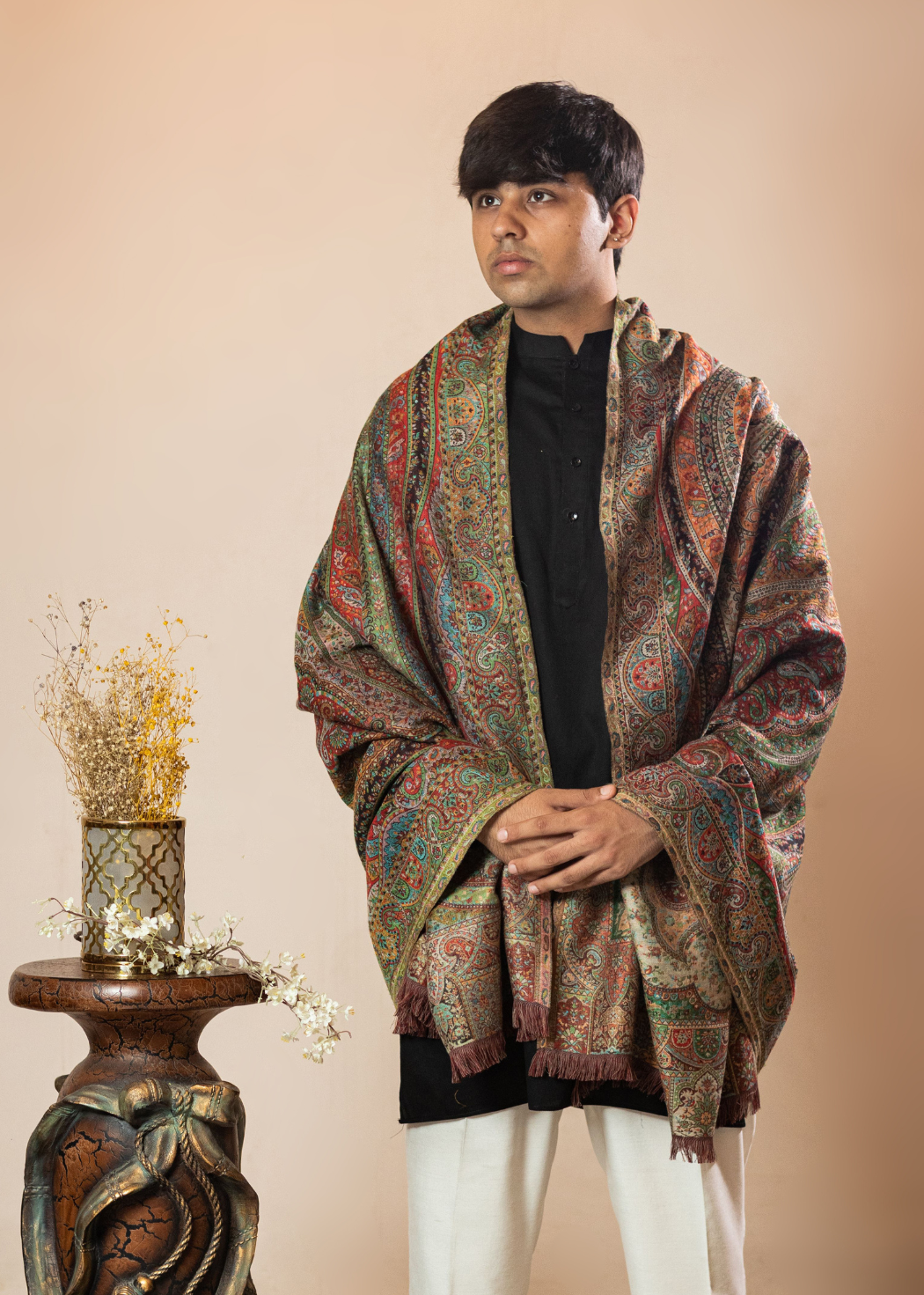 Masudh men's woollen jamawar shawl in traditional hues