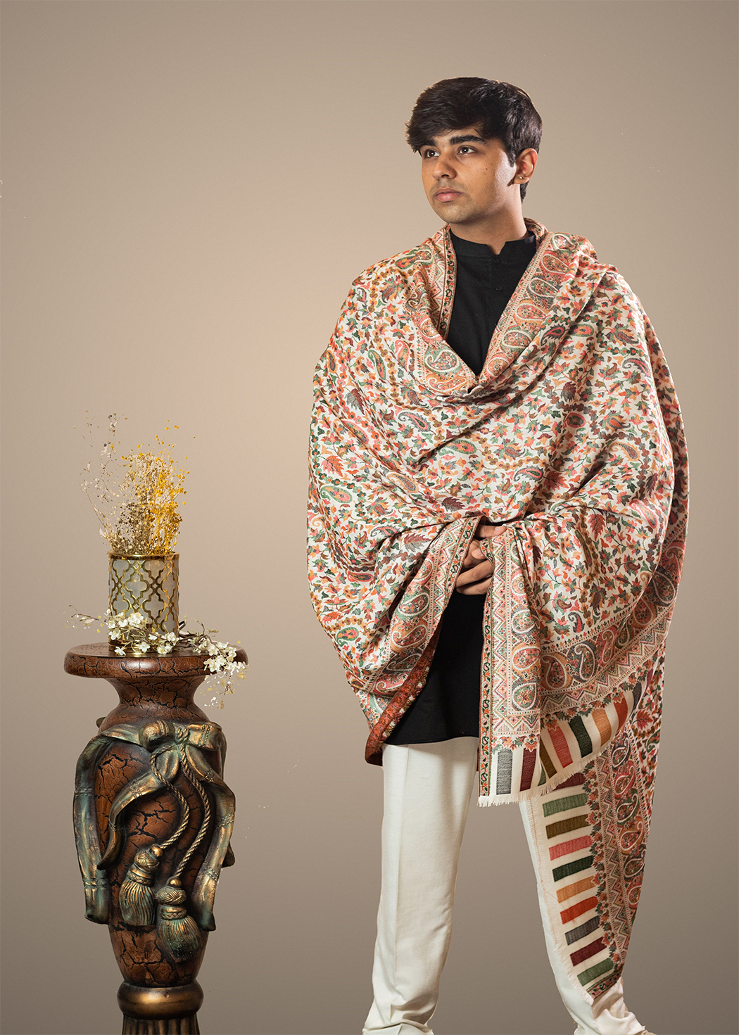 Masudh men's woollen floral shawl in pastel hues