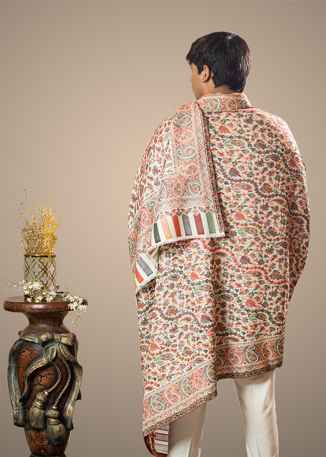 Masudh men's woollen floral shawl in pastel hues