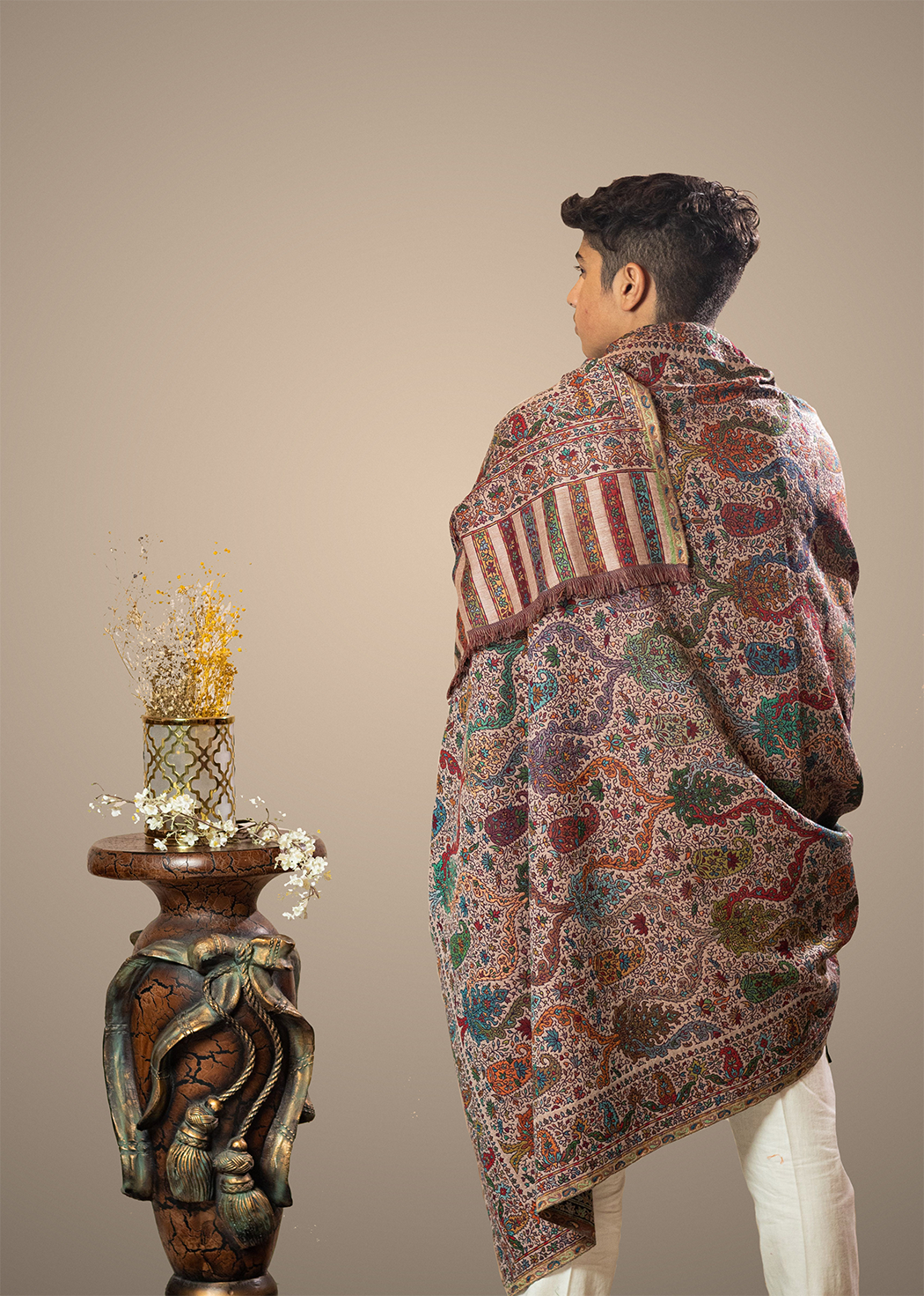 Masudh men's woollen jamawar shawl in traditional hues