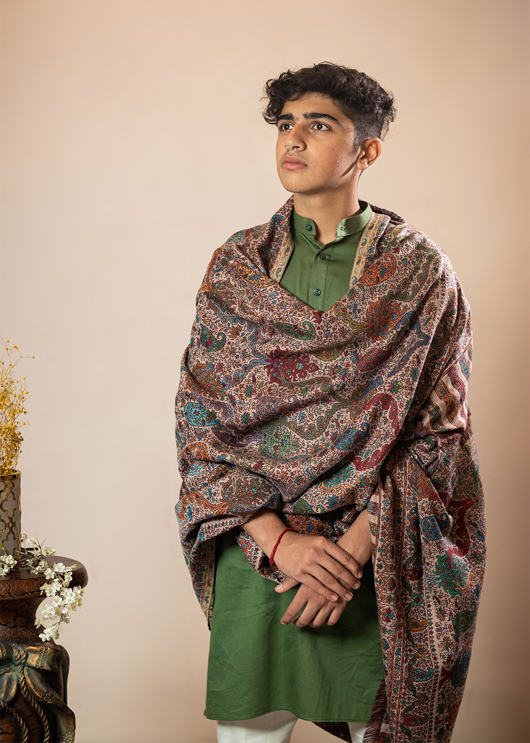 Masudh men's woollen jamawar shawl in traditional hues