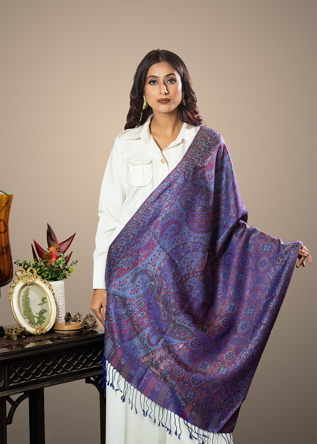 Masudh unisex extra soft silk stole with traditional pattern, golden purple