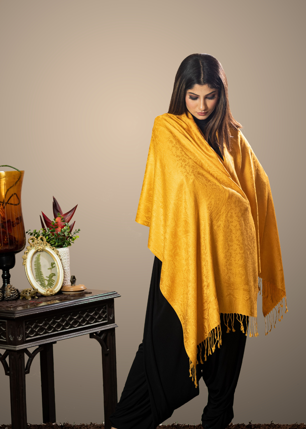 Masudh unisex extra soft silk self & floral stole, Yellow