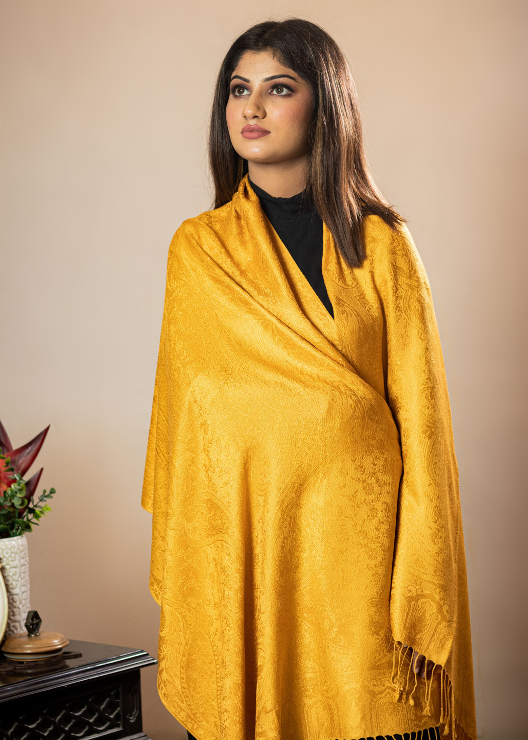 Masudh unisex extra soft silk self & floral stole, Yellow