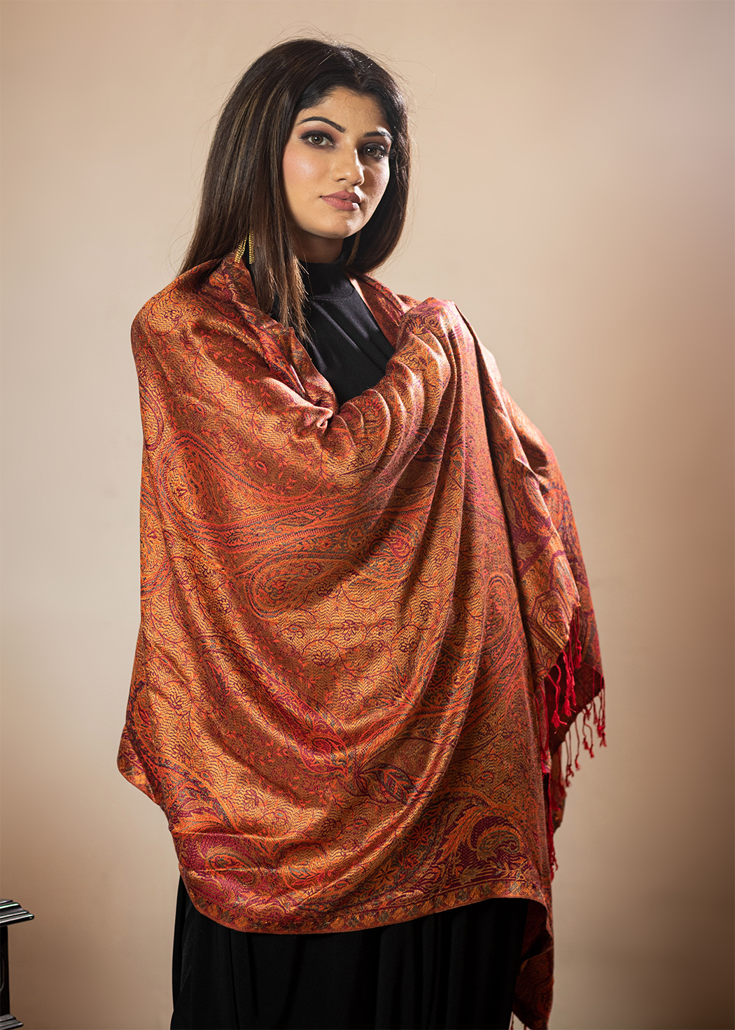 Masudh unisex extra soft silk paisely pattern stole, golden Red