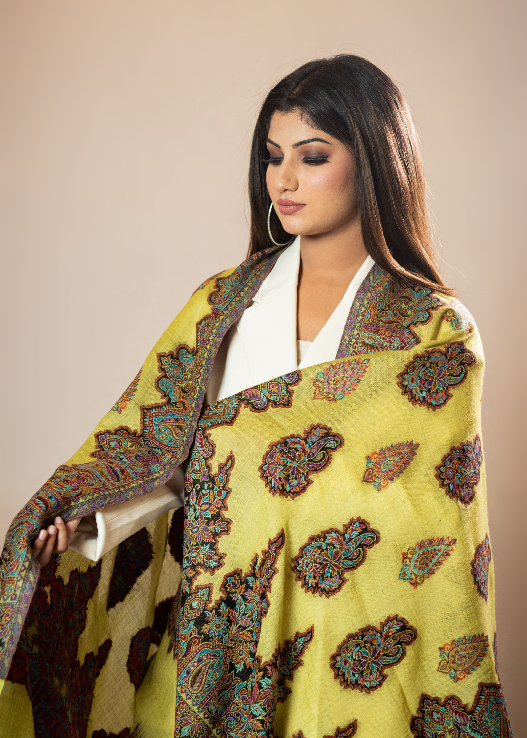 Masudh women's stole with paisley & floral pattern all over in woollen fabric, yellow