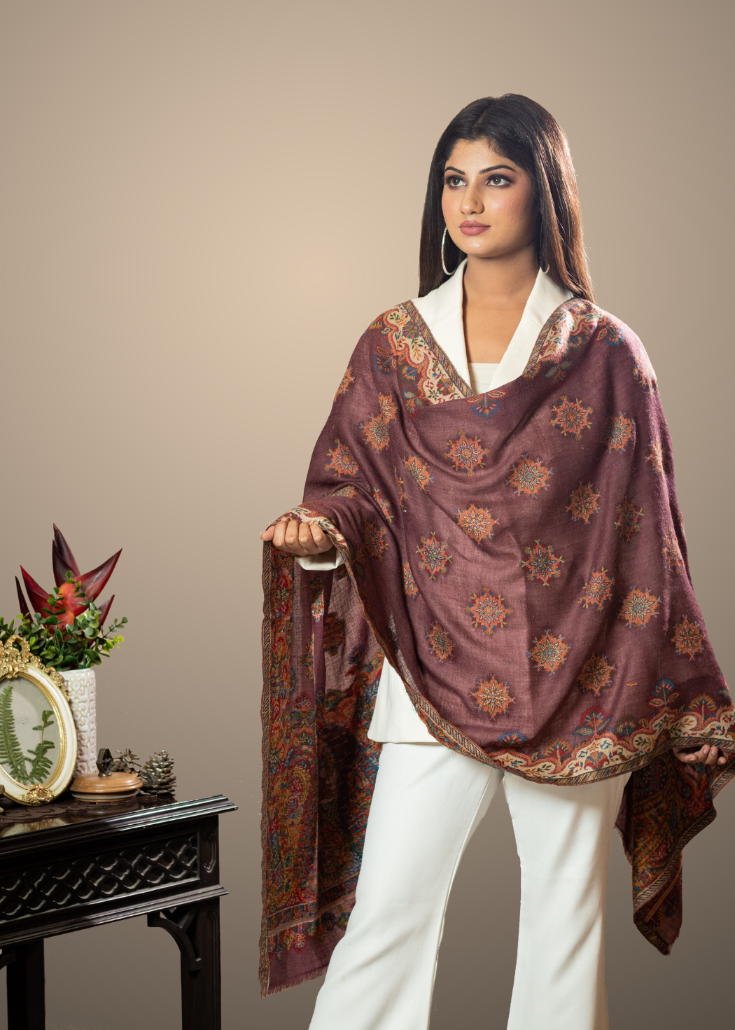 Masudh women's stole with paisley & floral pattern all over in woollen fabric, maroon