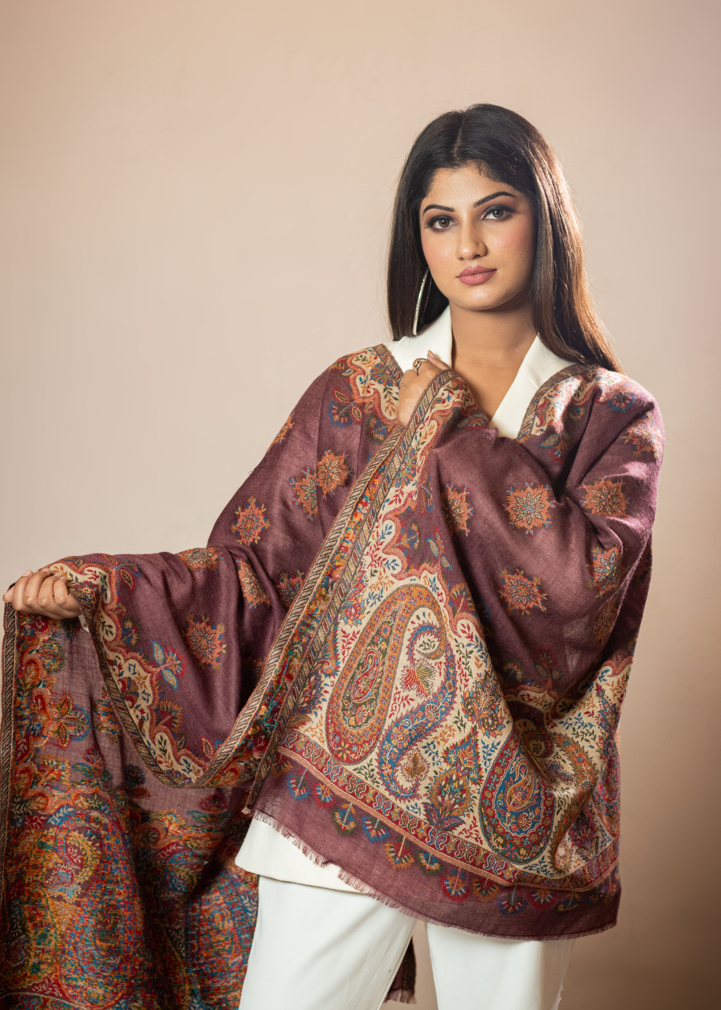 Masudh women's stole with paisley & floral pattern all over in woollen fabric, maroon