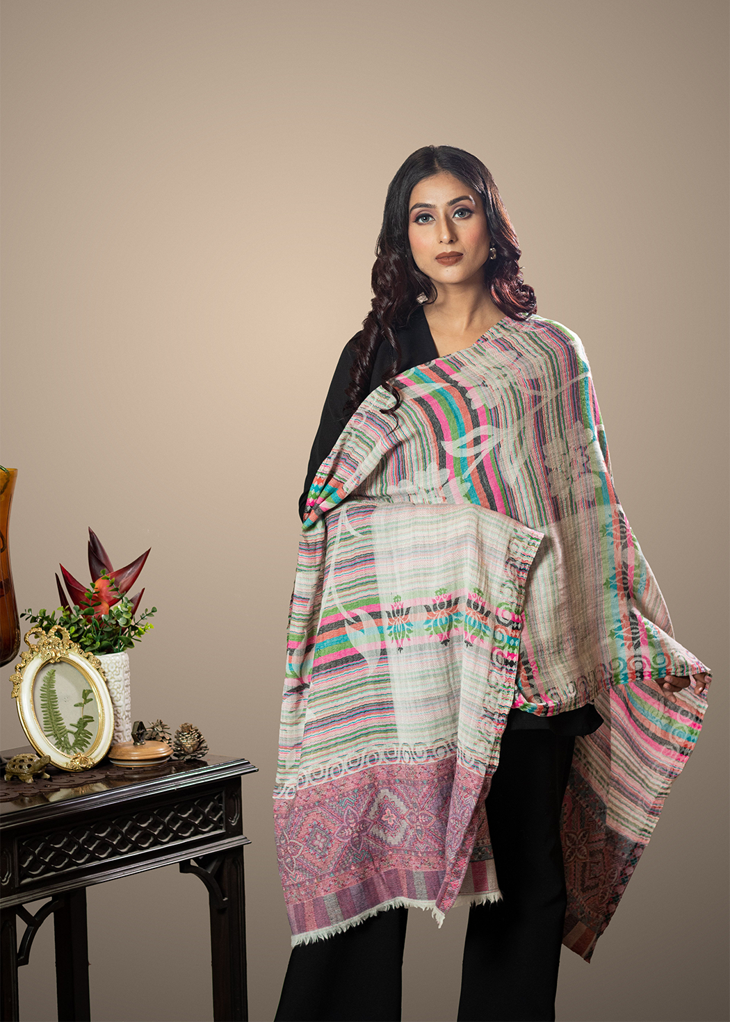 Masudh women's woollen stole with multicoloured streaks