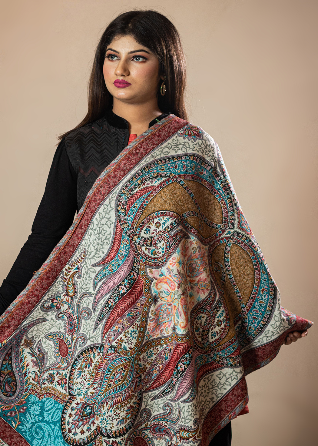 Masudh women's woollen multicolour Jamawar stole design