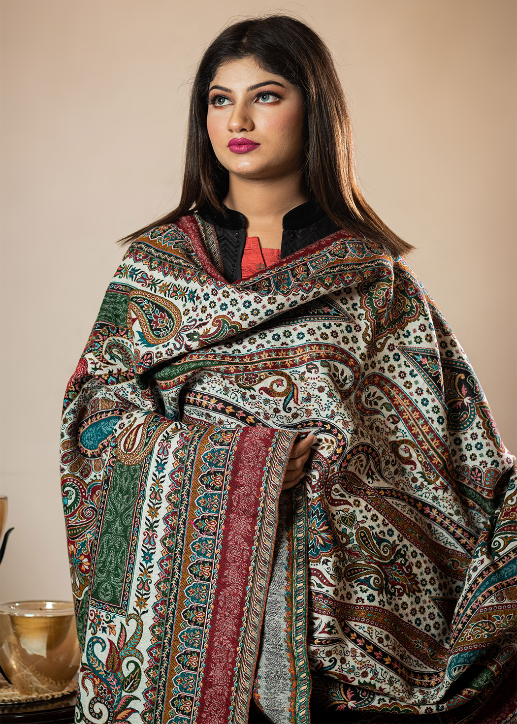 Masudh women's traditional motifs designer shawl, multicolour