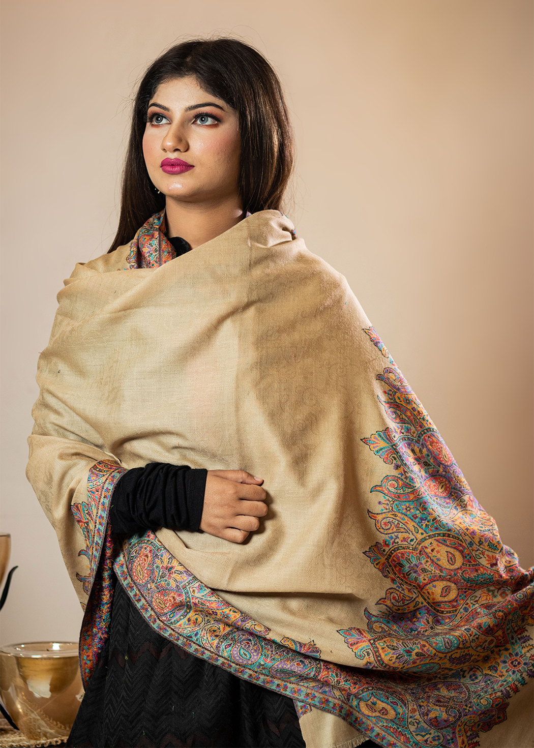 Masudh women's woolen ethnic palla & boarder shawl, beige