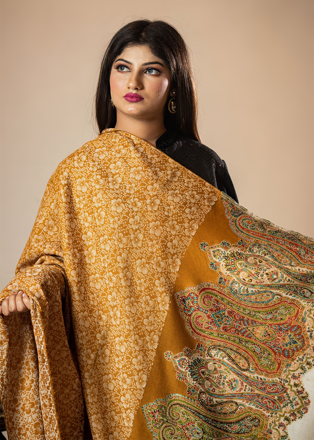 Masudh women's self & traditional motifs designer shawl, caramel