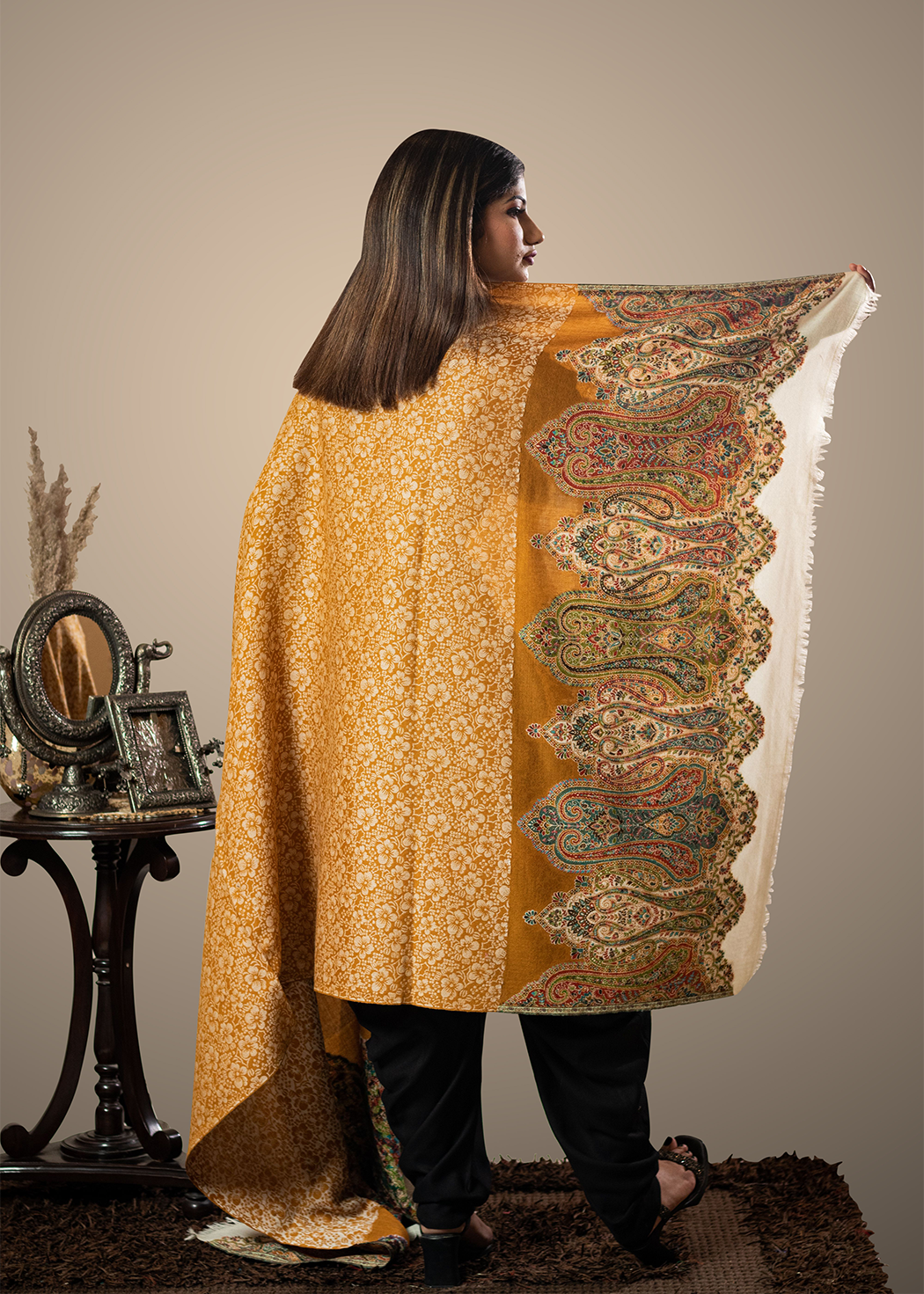 Masudh women's self & traditional motifs designer shawl, caramel