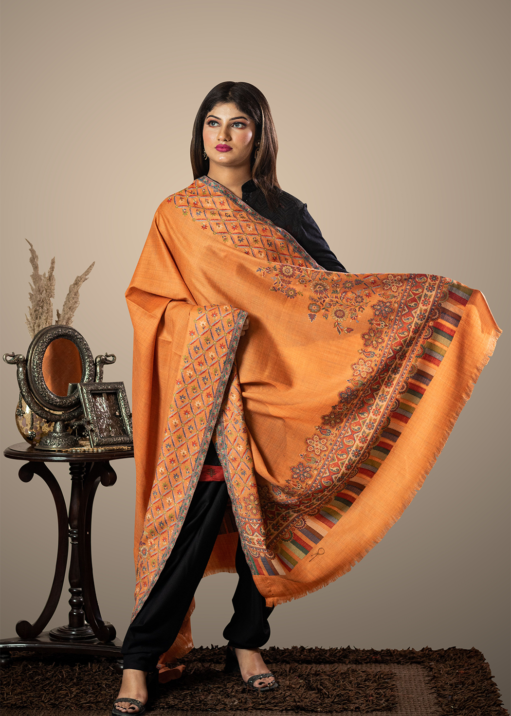 Masudh women's woollen stole with ethnic palla weave, orange