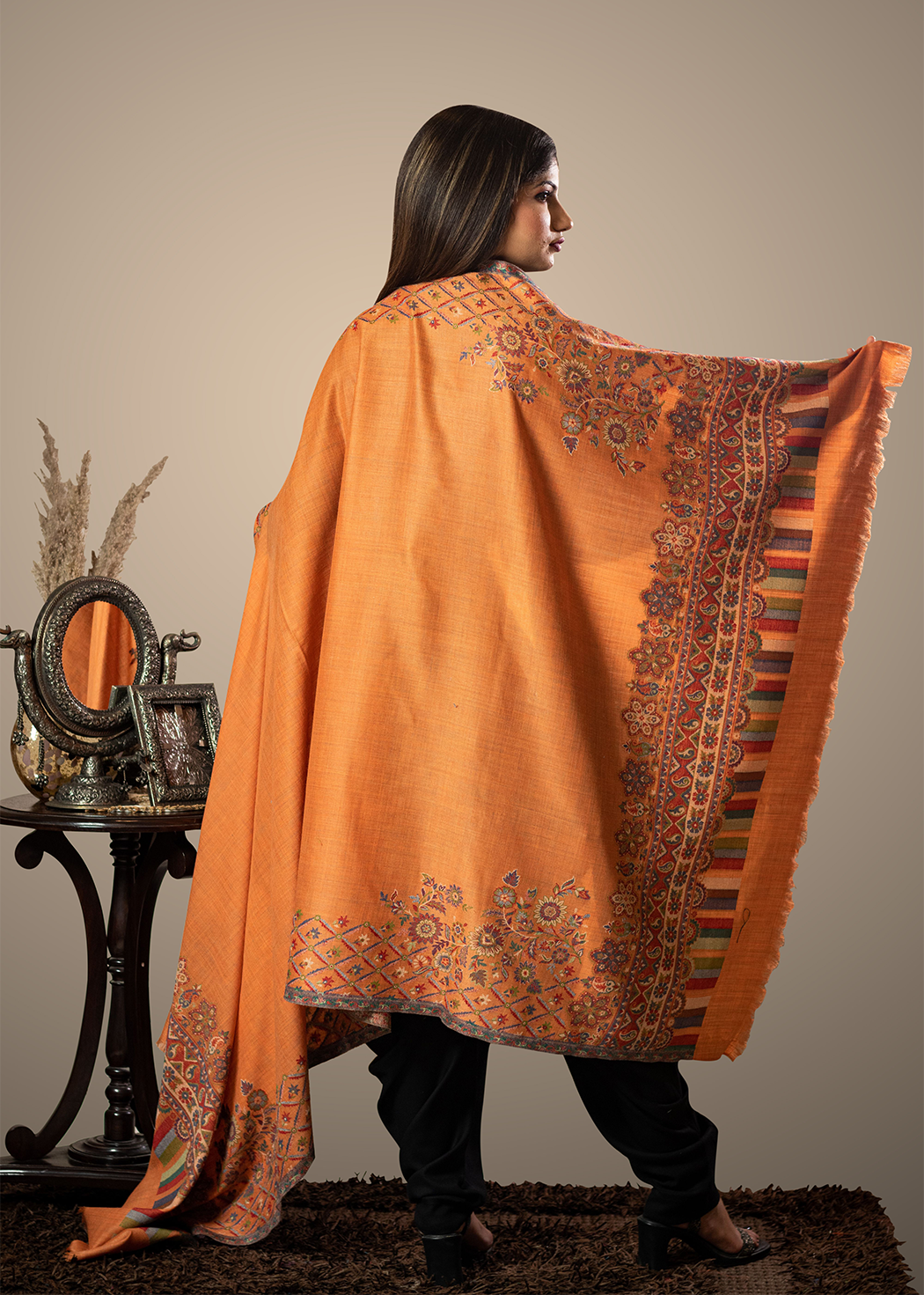 Masudh women's woollen stole with ethnic palla weave, orange