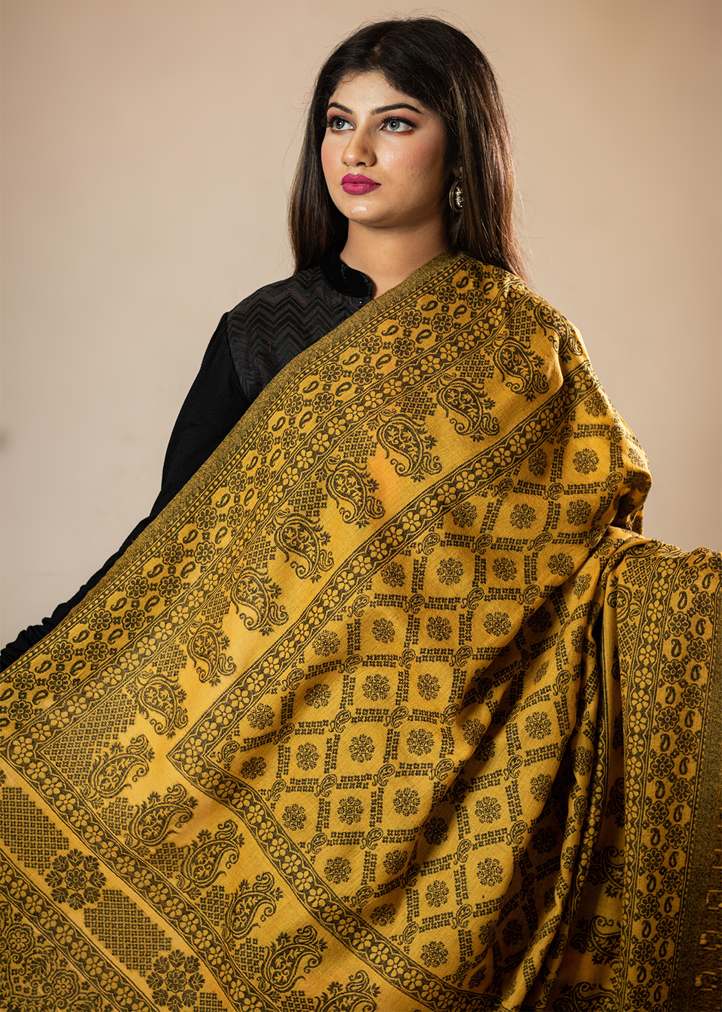 Masudh women's woollen detailed ethic jaal shawl, yellow & black