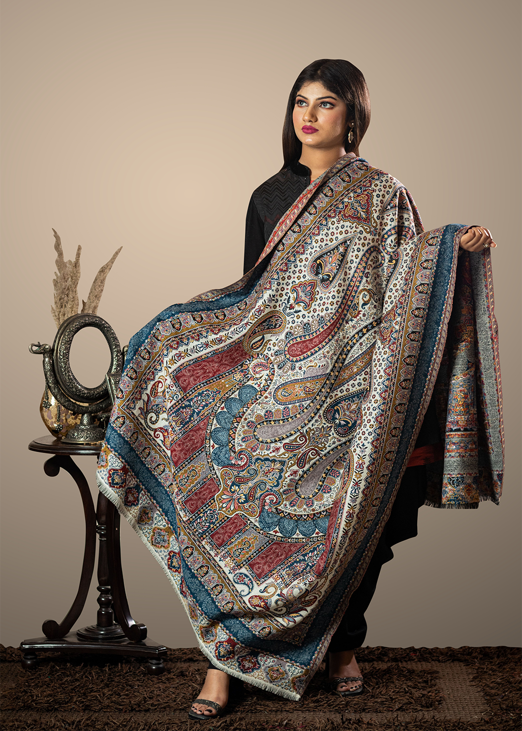 Masudh women's traditional motifs designer shawl, multicolour