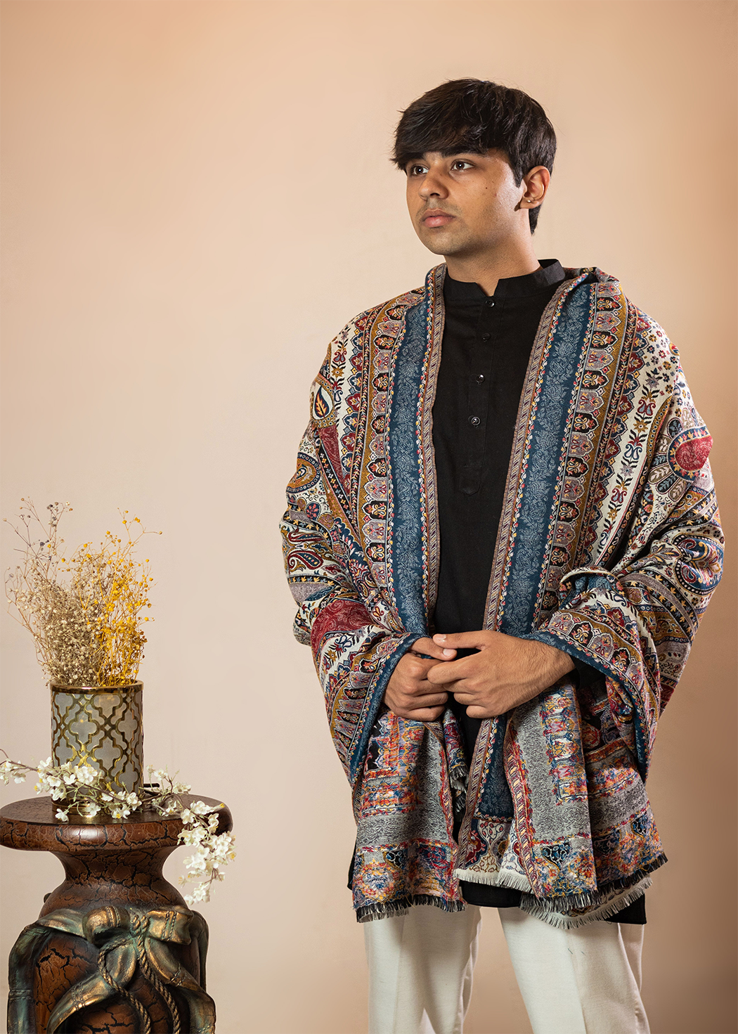 Masudh men's traditional motifs designer shawl, multicolour