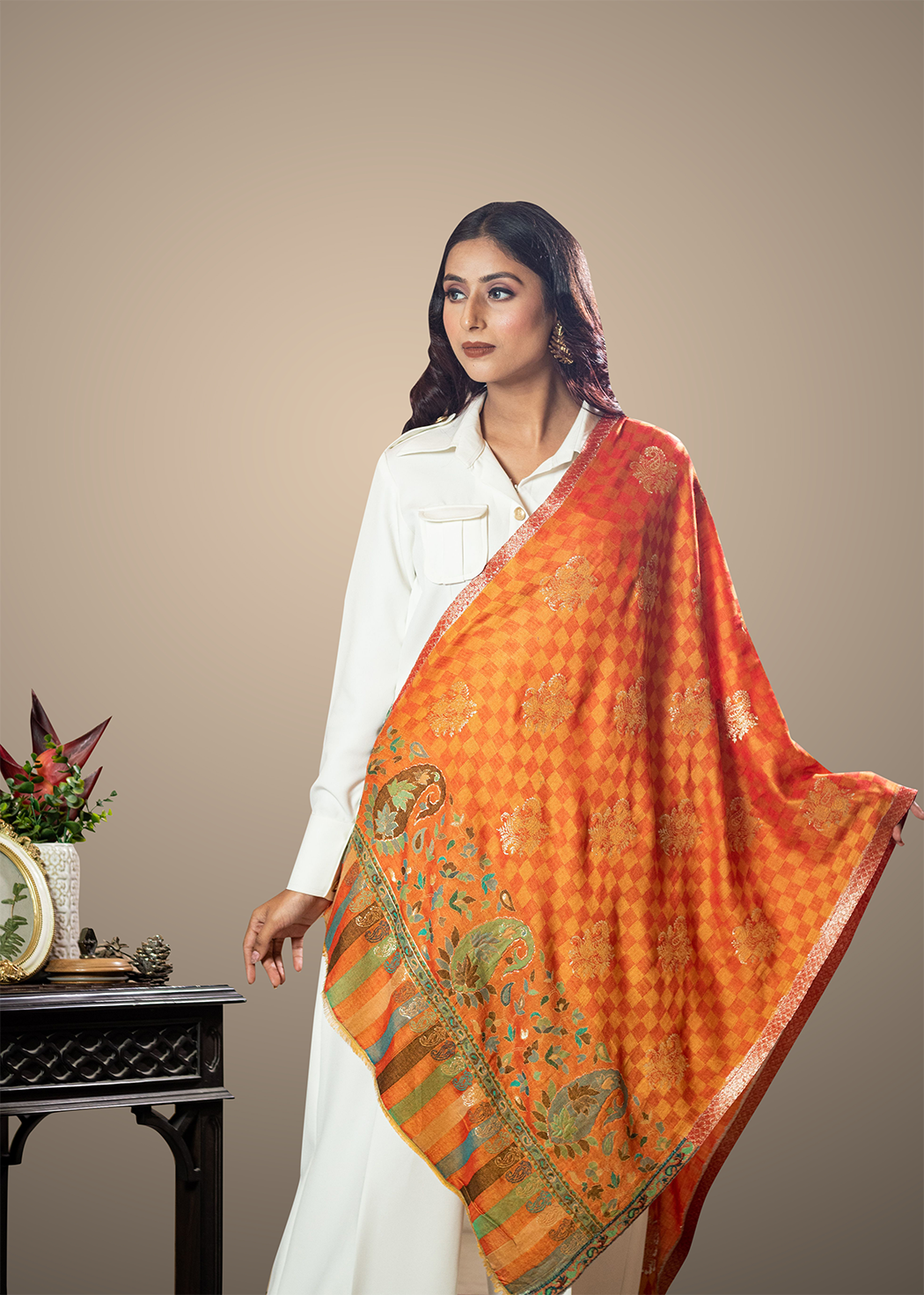 Masudh unisex soft fine bamboo fabric stole with shimmery Zari thread work, orange