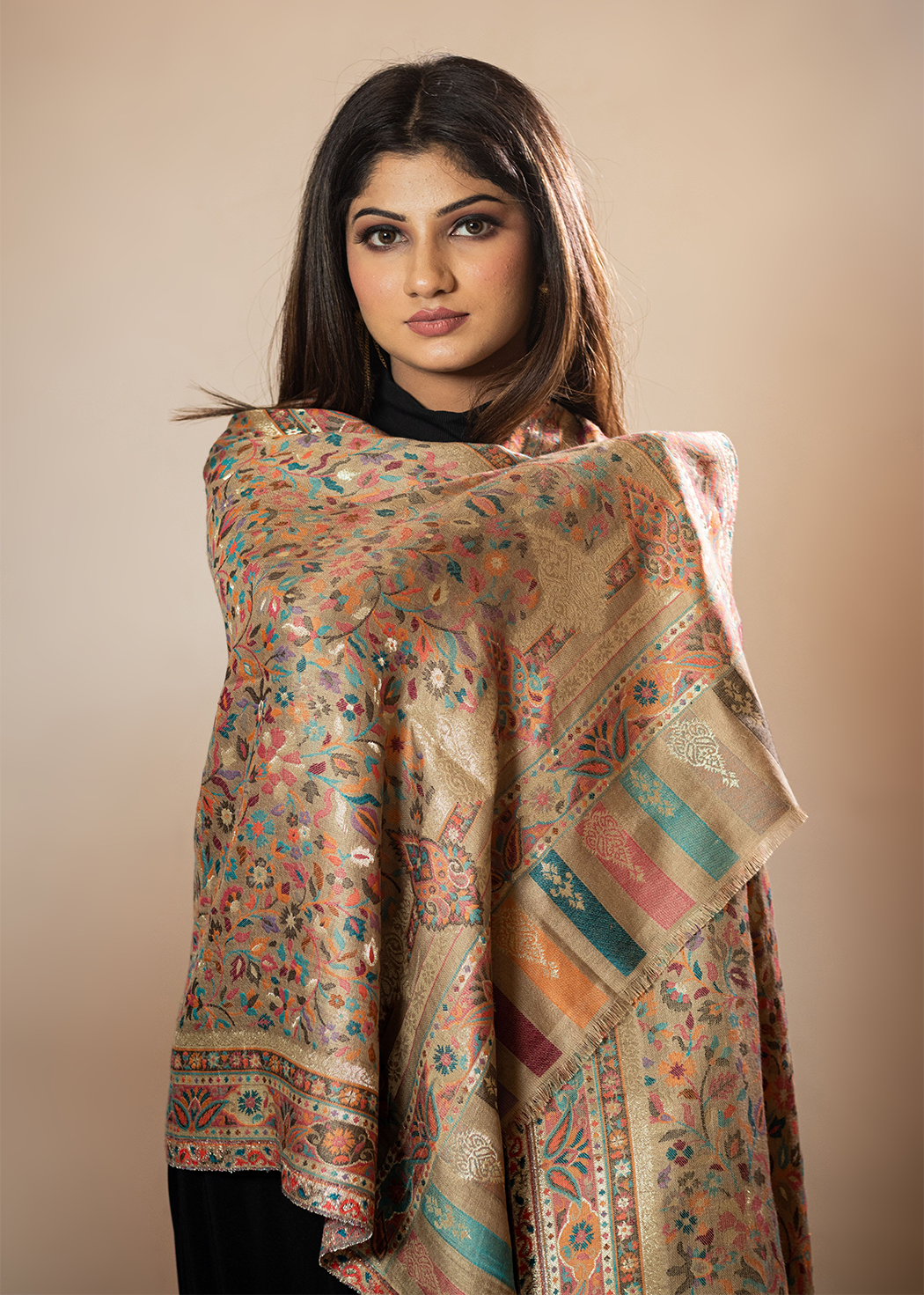 Masudh unisex soft fine bamboo fabric stole with shimmery Zari thread work, beige