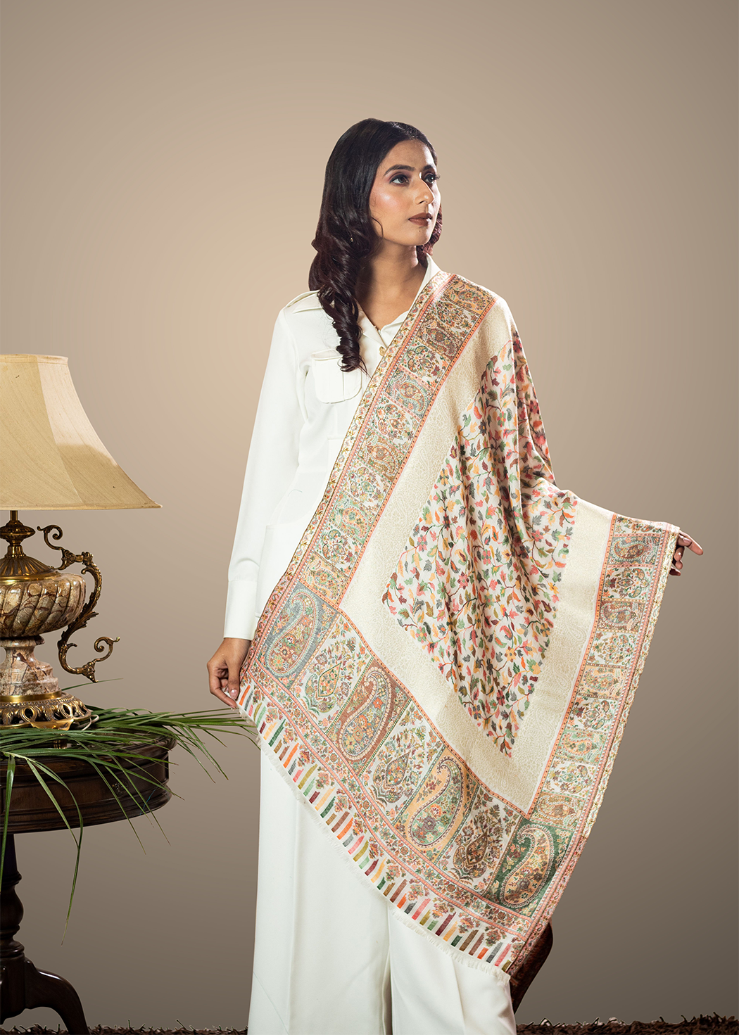 Masudh unisex soft fine bamboo fabric stole with shimmery Zari thread work, white