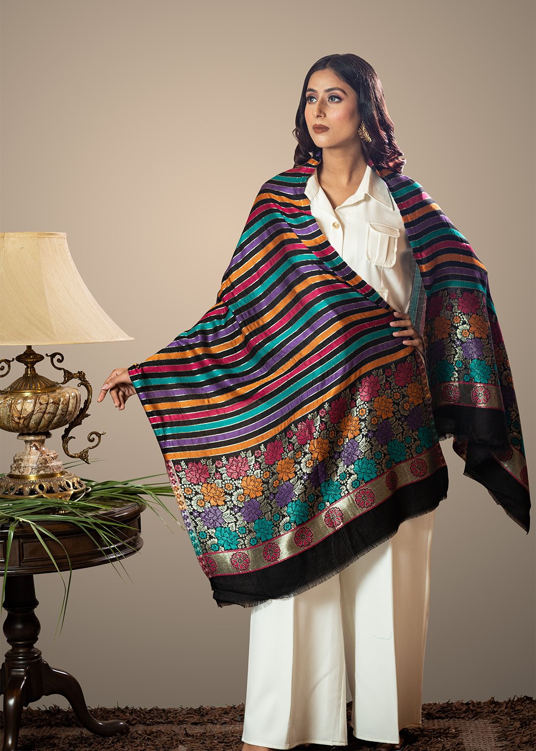 Masudh unisex soft fine bamboo fabric stripped stole with shimmery Zari thread work, multicolour