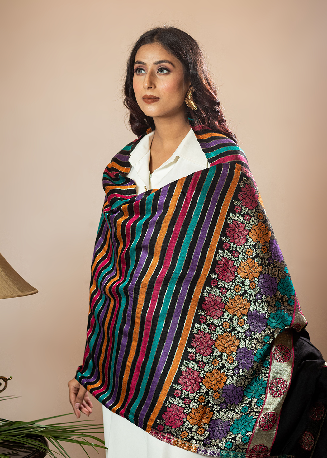 Masudh unisex soft fine bamboo fabric stripped stole with shimmery Zari thread work, multicolour