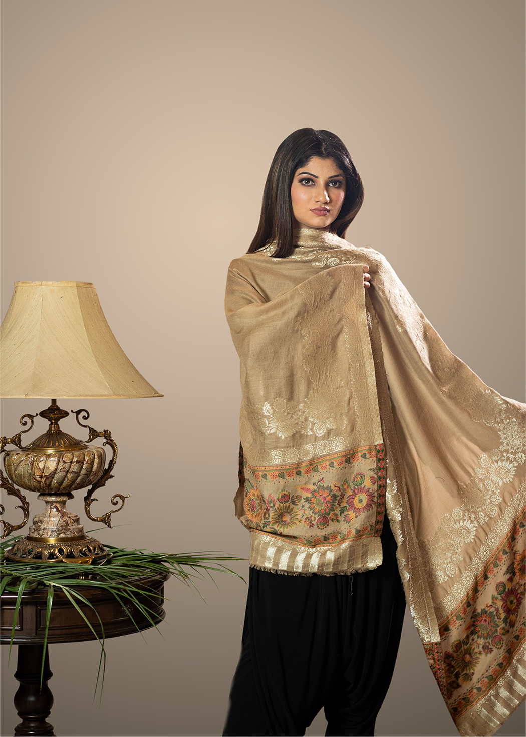 Masudh unisex soft fine bamboo fabric stole with shimmery Zari thread in floral borders, beige