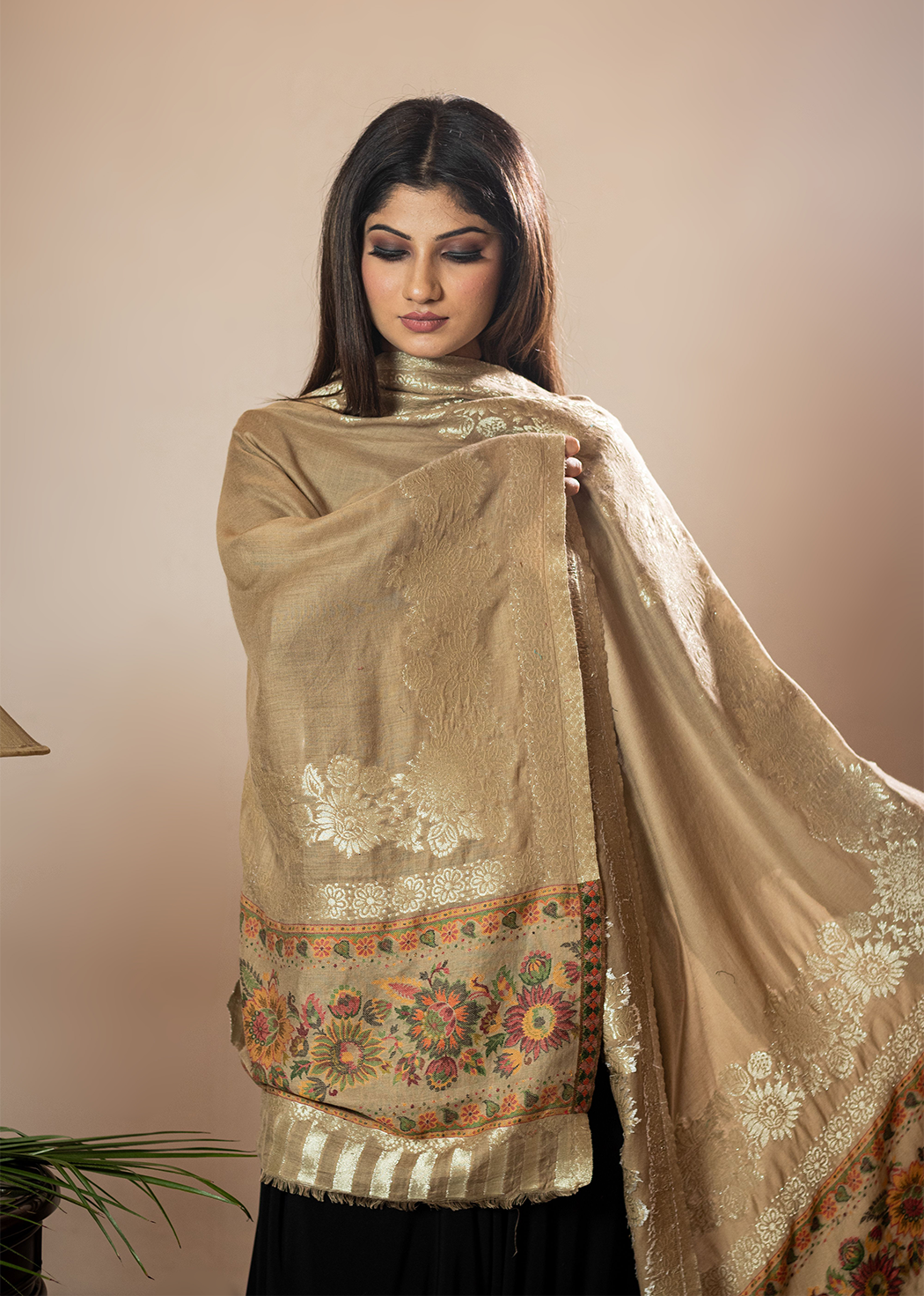 Masudh unisex soft fine bamboo fabric stole with shimmery Zari thread in floral borders, beige