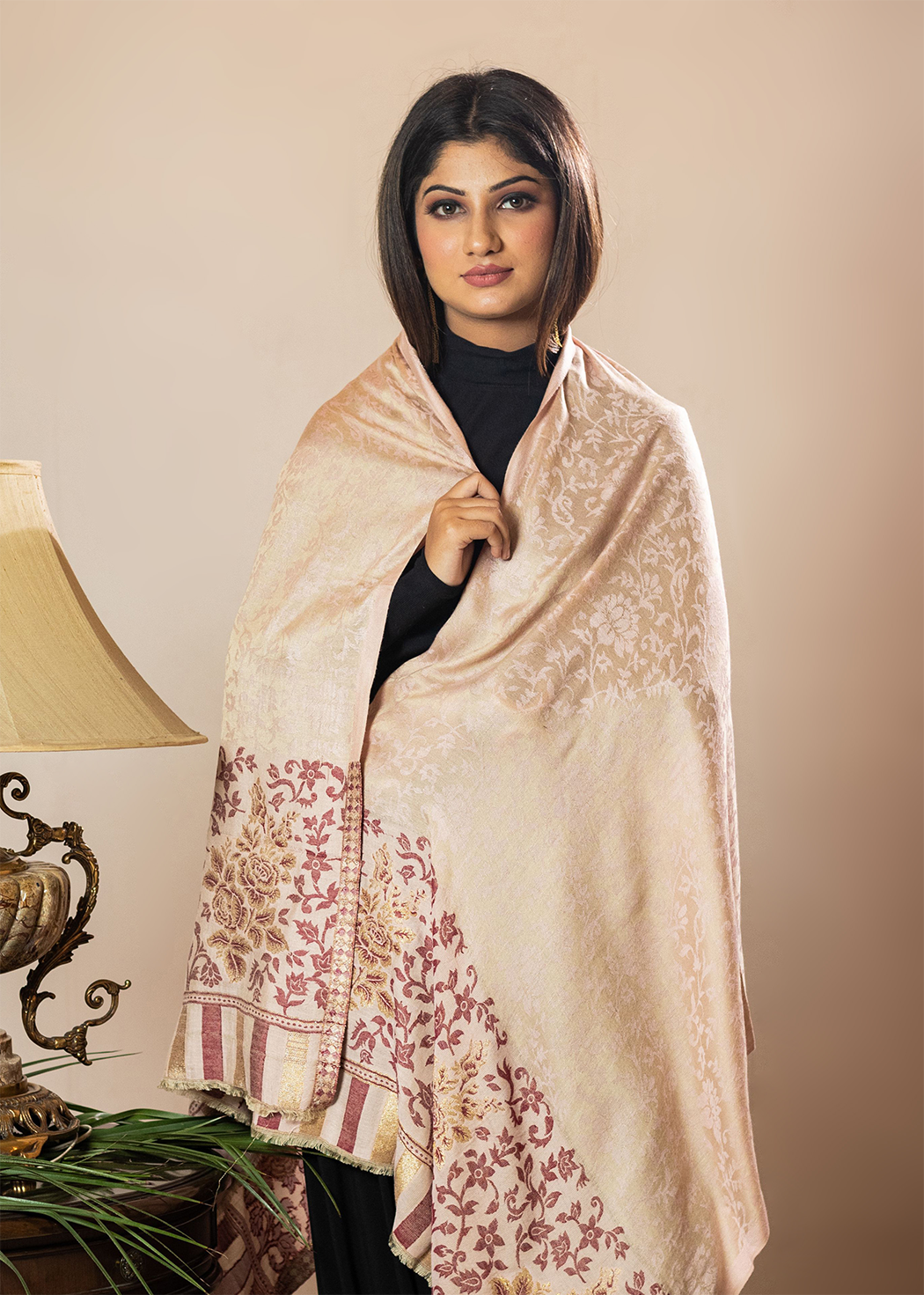 Masudh unisex extra fine wool stole with self floral design, zari work