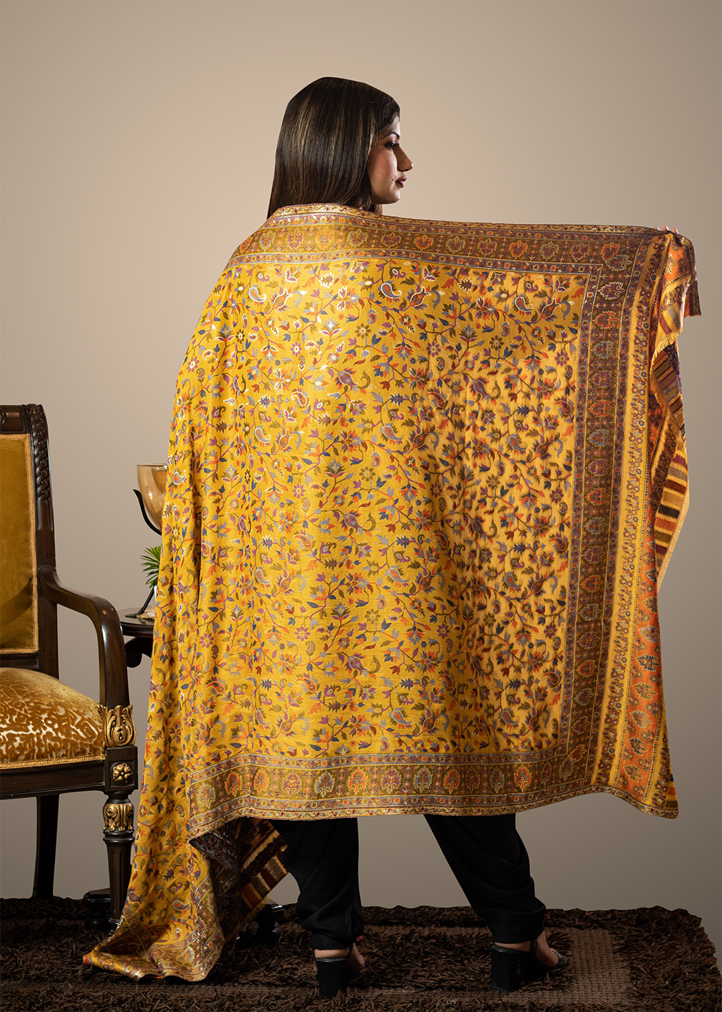 Masudh unisex soft fine bamboo fabric shawl with Bling zari thread work, yellow