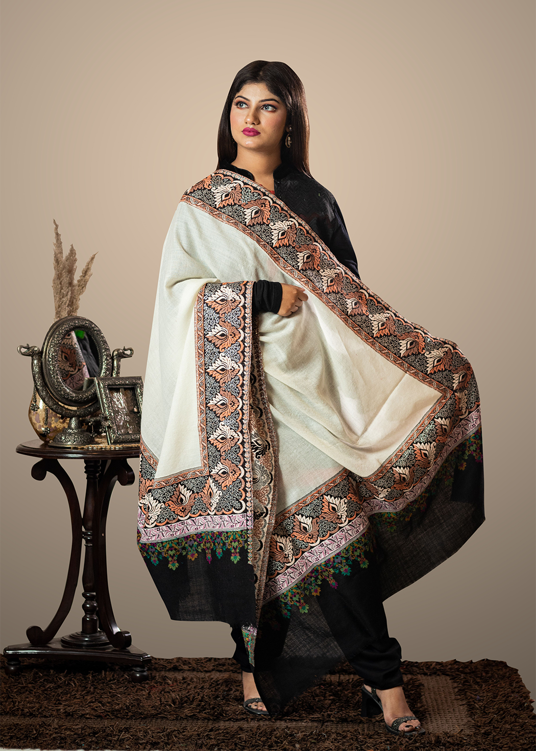 Masudh unisex woollen shawl with shimmery thread weave on borders, black & white